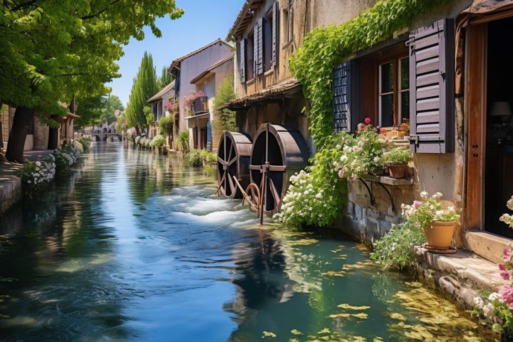 Un canal traverse une petite ville de France.