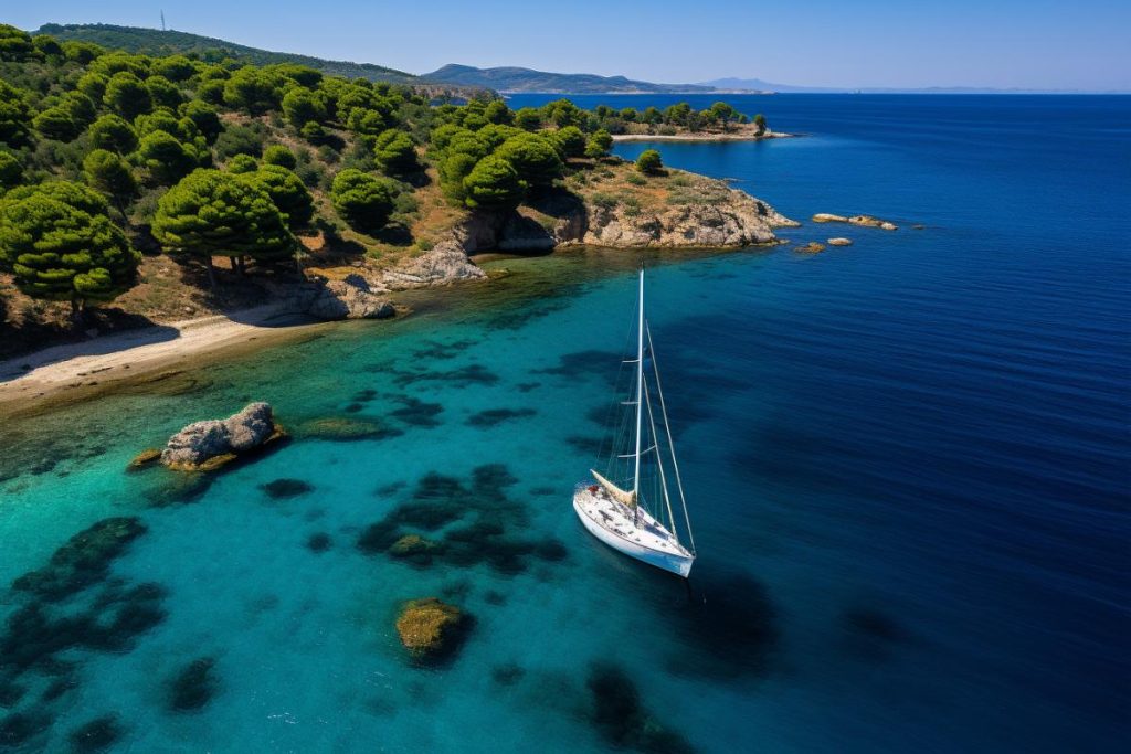 Une vue aérienne d'un voilier dans une mer bleue.