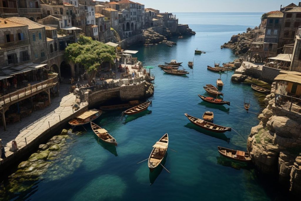De nombreux bateaux sont amarrés à l’eau près d’une côte rocheuse.
