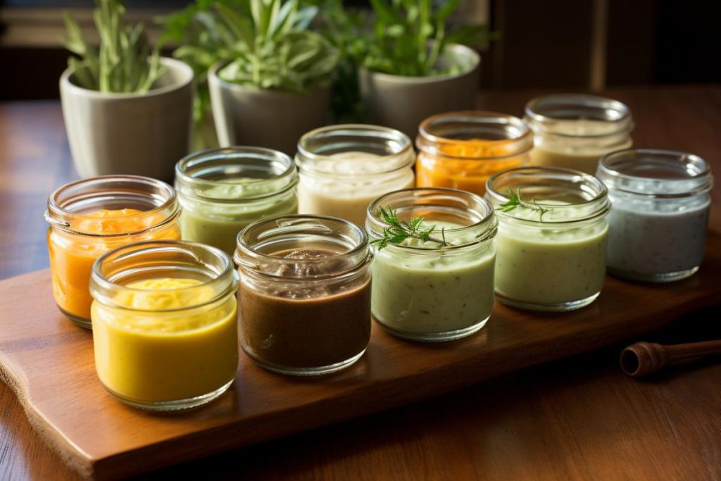 Un plateau de pots de différentes sauces sur une planche de bois.