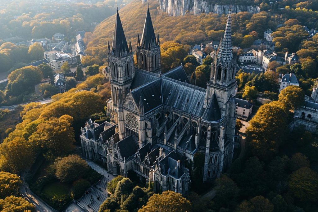 Une vue aérienne d'une cathédrale entourée d'arbres.