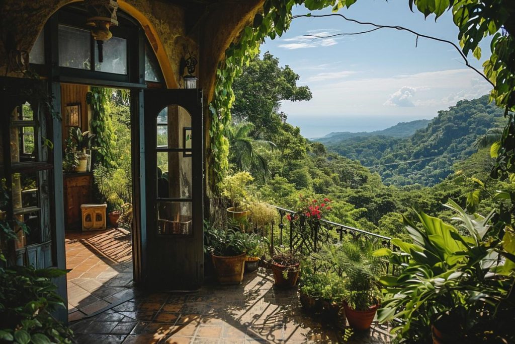 Un balcon avec vue sur les montagnes et l'océan.