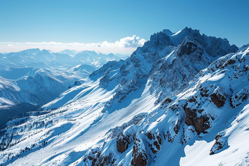 Une montagne couverte de neige avec un ciel bleu.