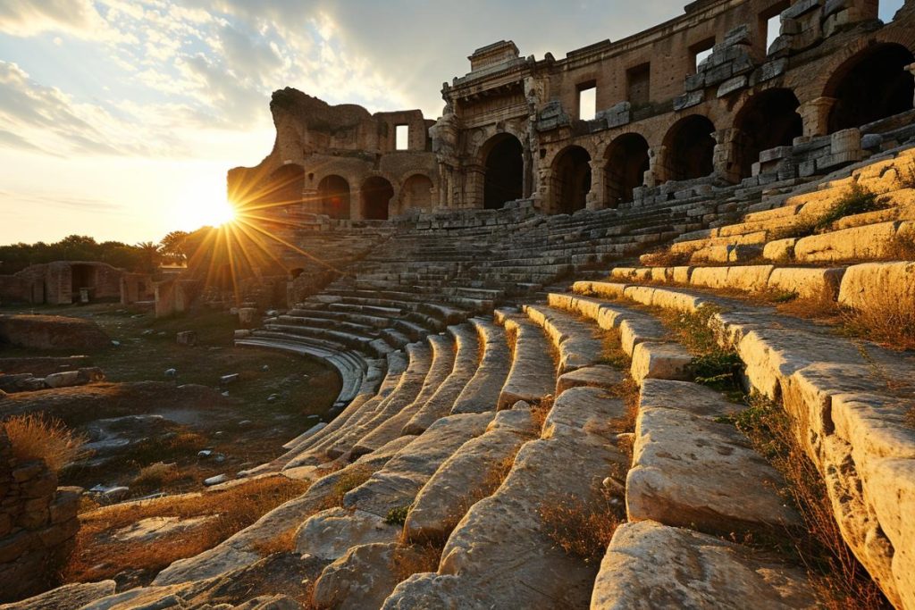 Amphithéâtre romain au coucher du soleil à Éphèse, en Turquie.