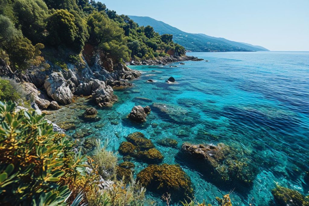 Une côte rocheuse avec une eau bleu clair et des arbres verts.