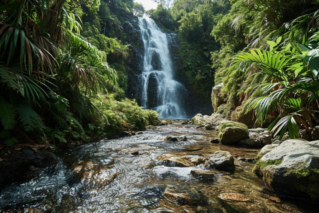 Une cascade au milieu d’une jungle tropicale luxuriante.