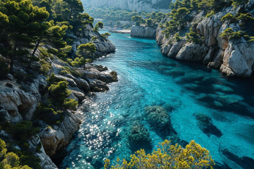 Une eau bleue entourée de falaises et d'arbres.
