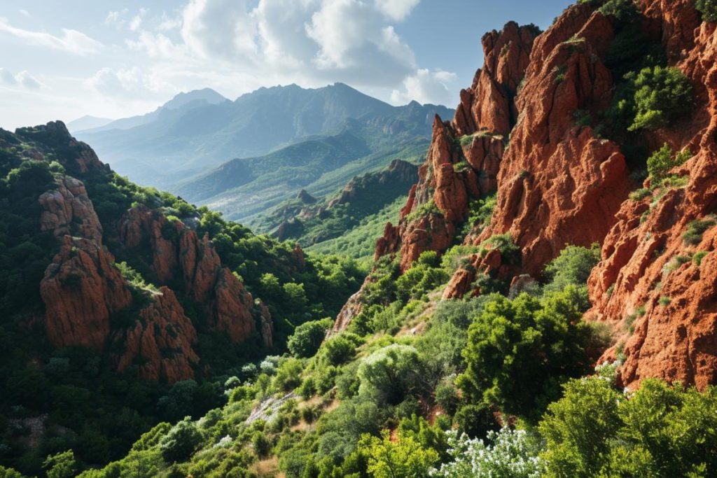 Une chaîne de montagnes avec des falaises rouges et des arbres verts.
