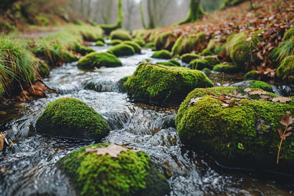 Un ruisseau qui traverse une forêt avec des rochers moussus.