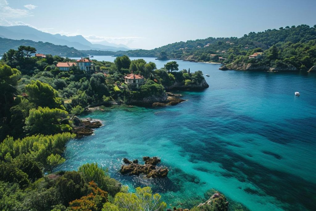 Une vue aérienne d'une mer bleue et d'arbres verts.