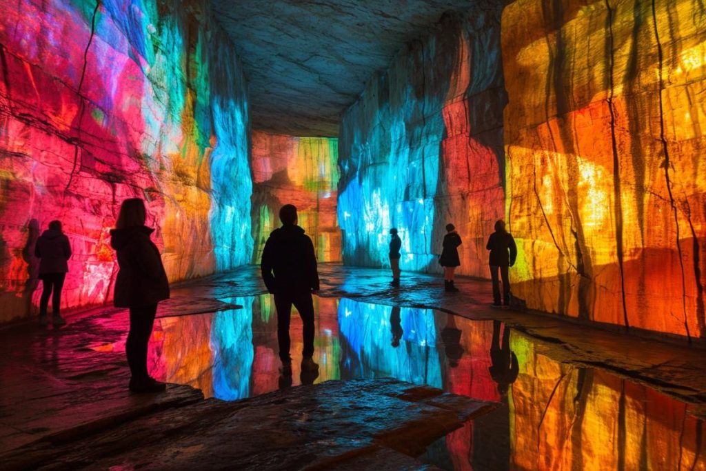 Un groupe de personnes debout dans un tunnel coloré.