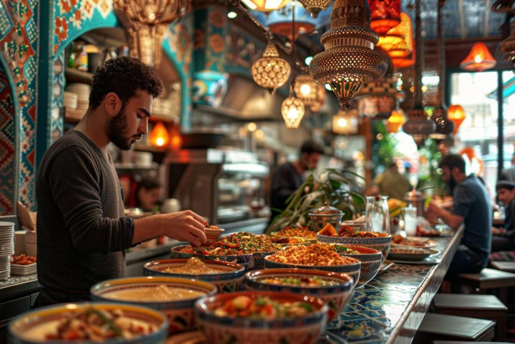 Homme préparant des plats traditionnels dans un restaurant chaleureux.