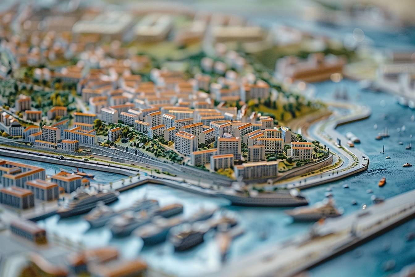 Vue aérienne miniaturisée d'une ville portuaire avec des immeubles et des navires.
