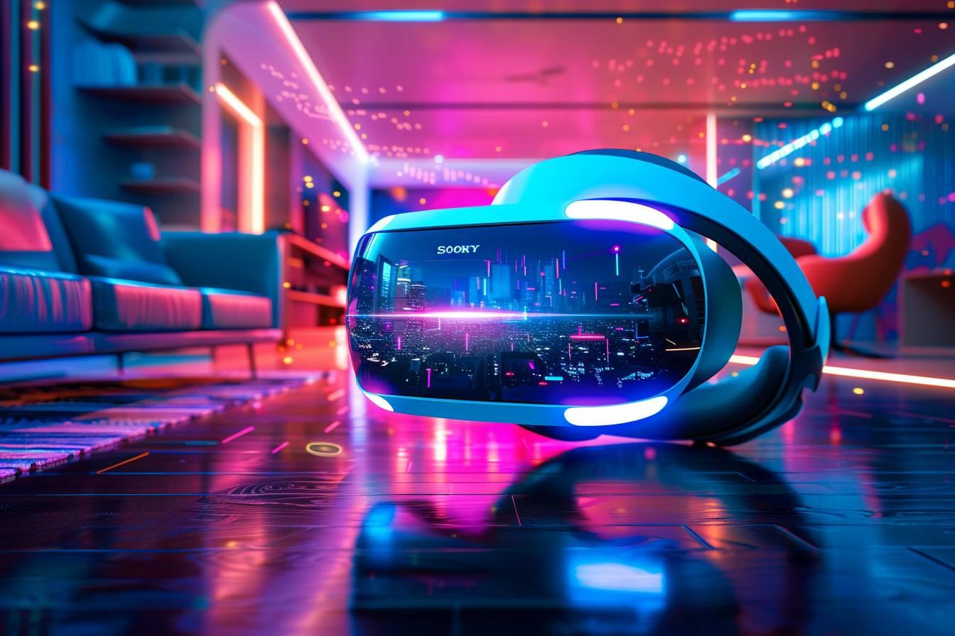 Casque de réalité virtuelle projetant une scène de ville illuminée