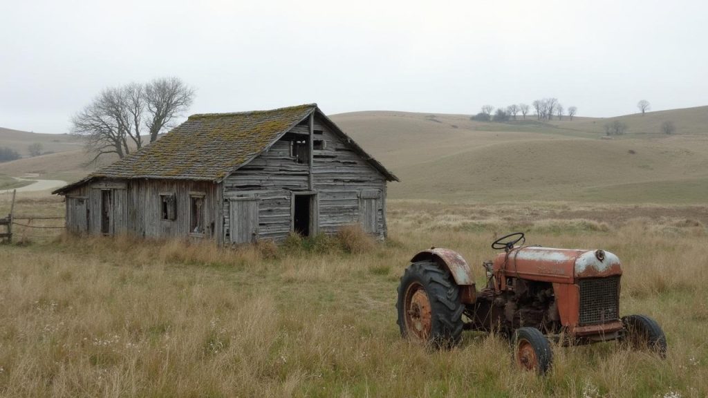 Vieille grange en bois délabrée dans un champ, avec un vieux tracteur rouillé à l'avant-plan.