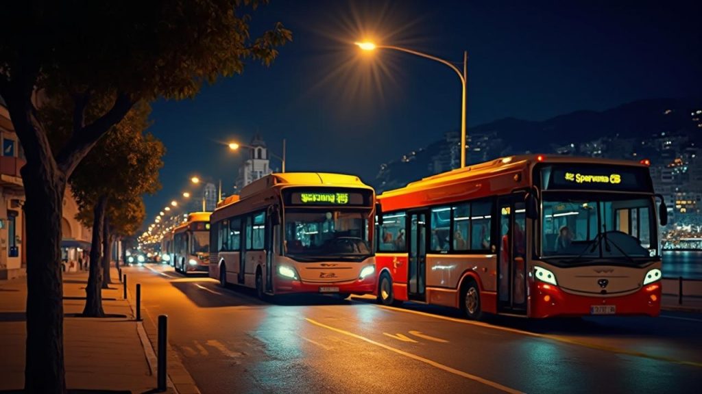Image de plusieurs bus urbains illuminés dans la nuit en ville