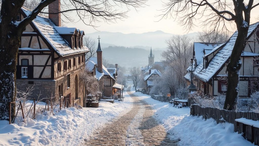 Un village médiéval avec des maisons à colombages dans un paysage enneigé