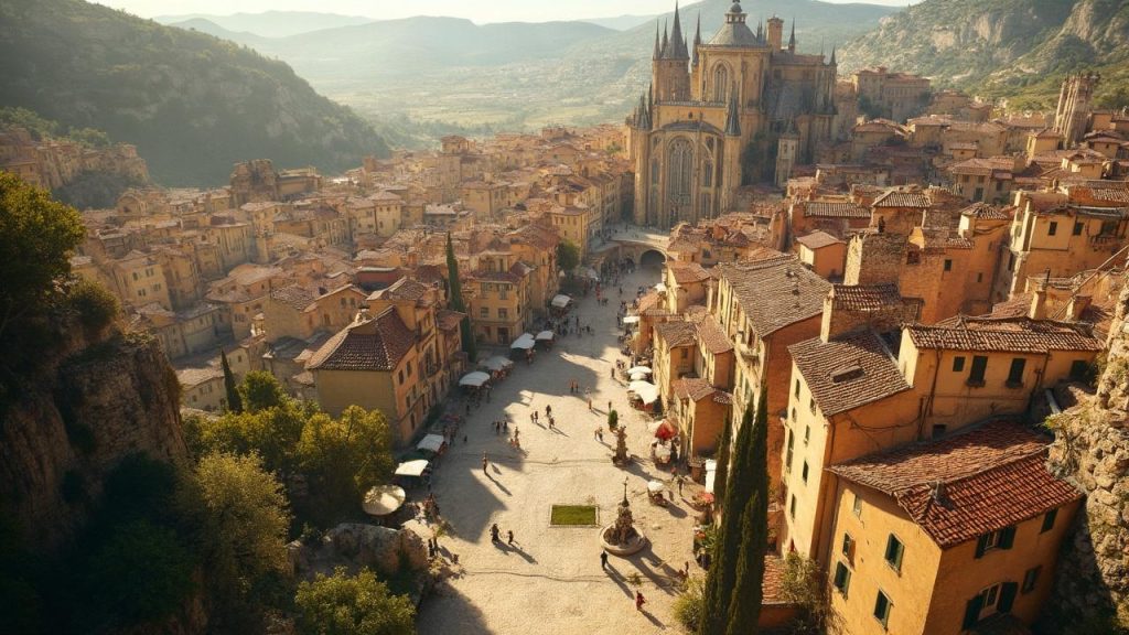 Panorama médiéval d'une ville pittoresque au pied de montagnes