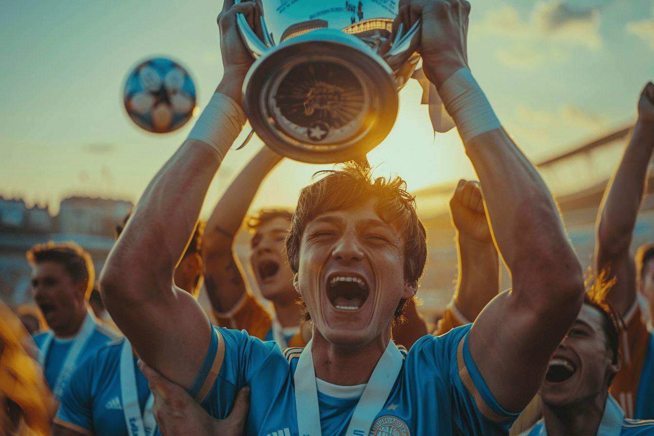 Un supporter en maillot bleu célébrant une victoire sportive avec passion.