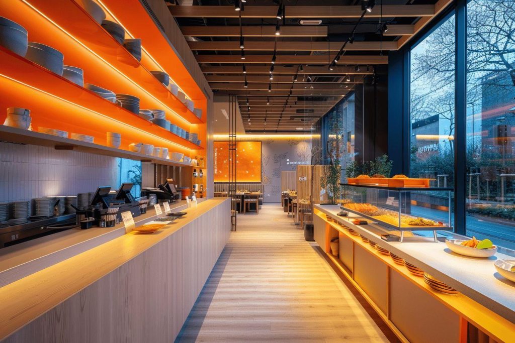 Intérieur d'un restaurant moderne avec des murs oranges et un éclairage chaleureux
