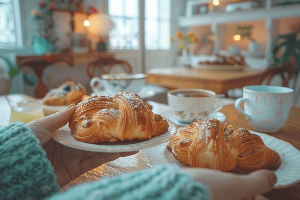 Viennoiseries, boissons chaudes et décor confortable dans une cuisine