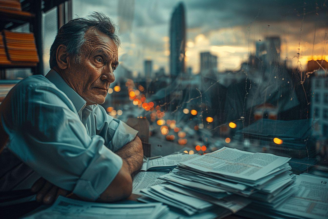 Un homme âgé, assis près d'une fenêtre, lit des documents dans une ville éclairée la nuit.