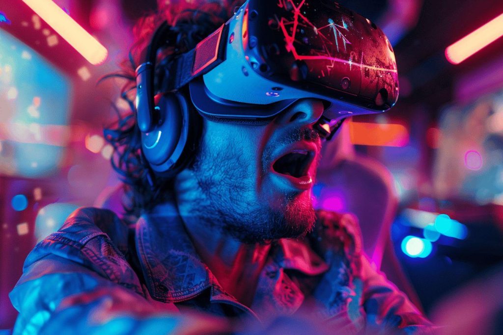 Homme avec casque de réalité virtuelle dans un environnement cyberpunk coloré