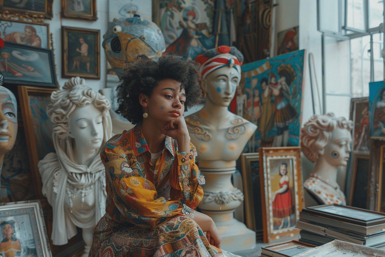 Une femme réfléchissant dans un entourage d'œuvres d'art colorées.