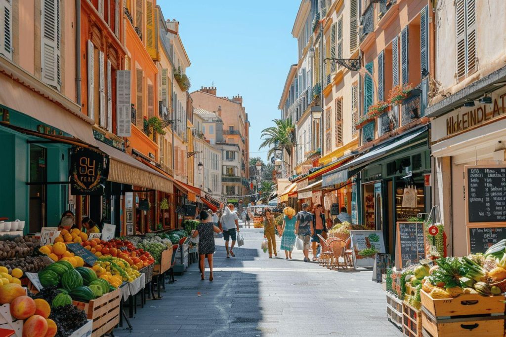 Rue commerçante de Marseille avec étals de fruits colorés