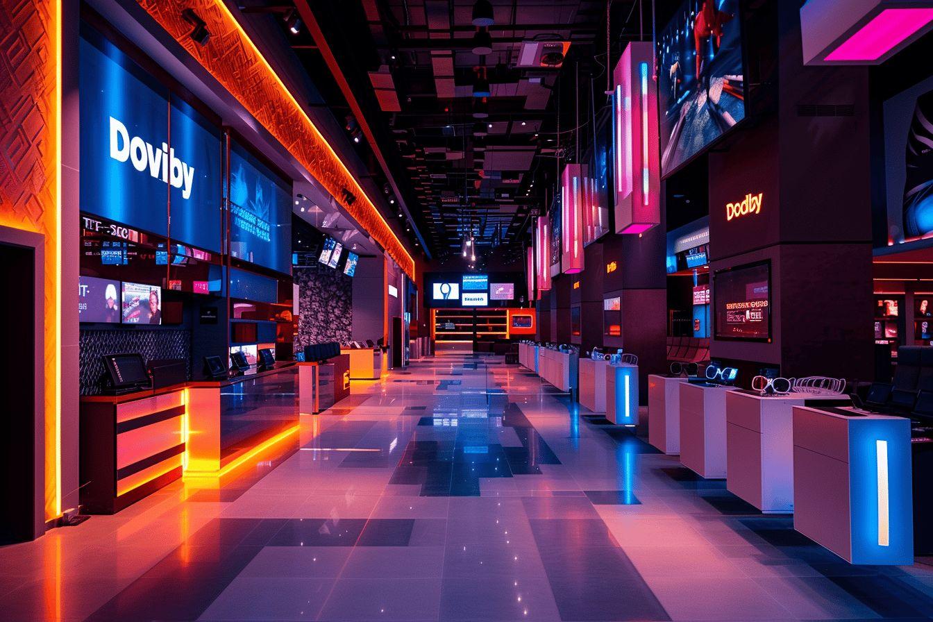 Intérieur d'un magasin de technologies avec éclairage néon coloré