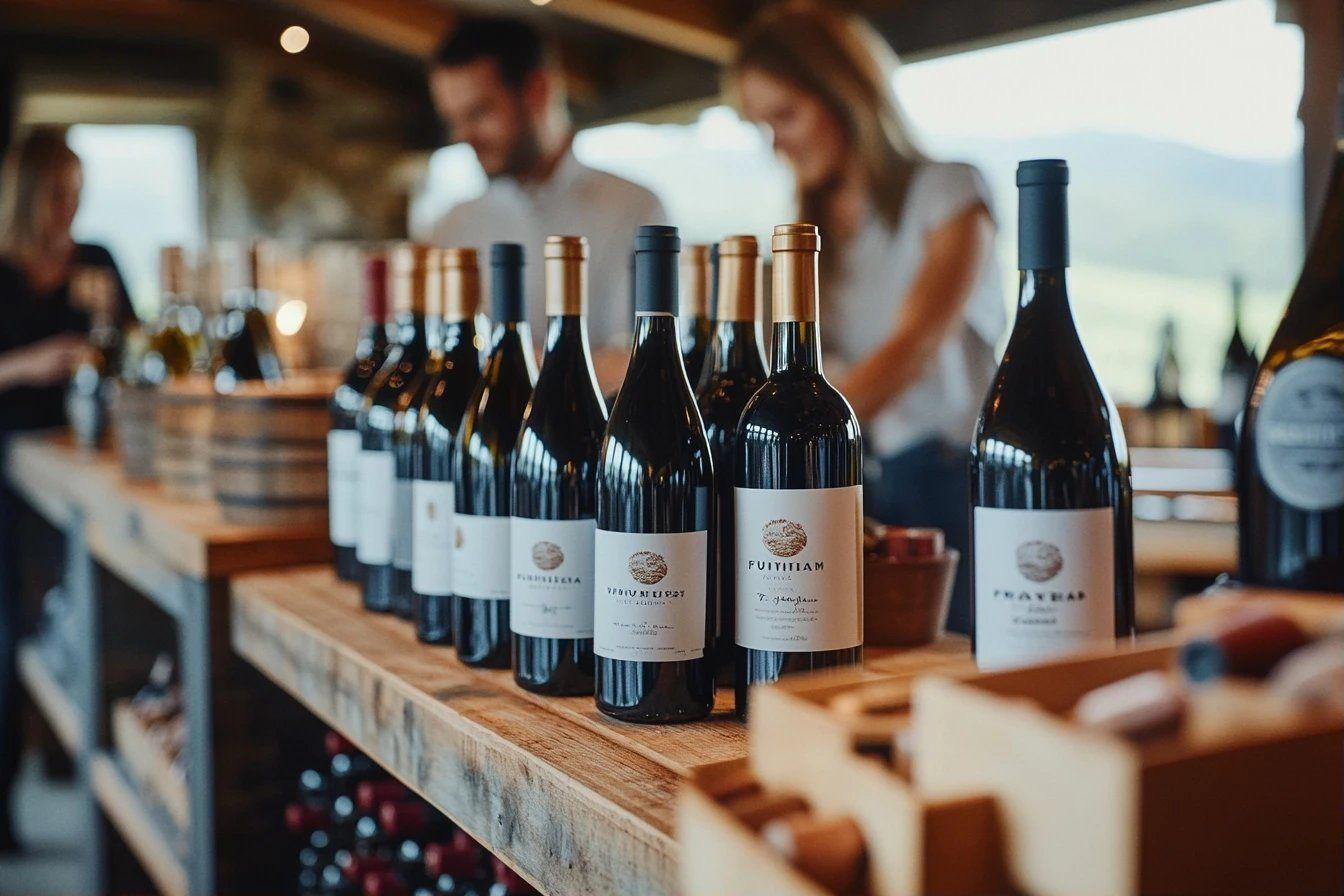 Bouteilles de vin alignées sur étagère en bois rustique