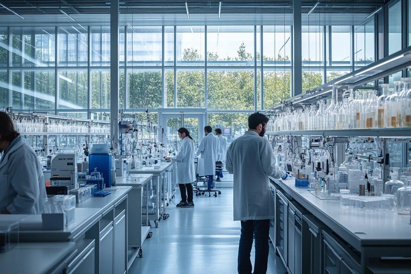 Chercheurs en blouses blanches travaillant dans un laboratoire high-tech