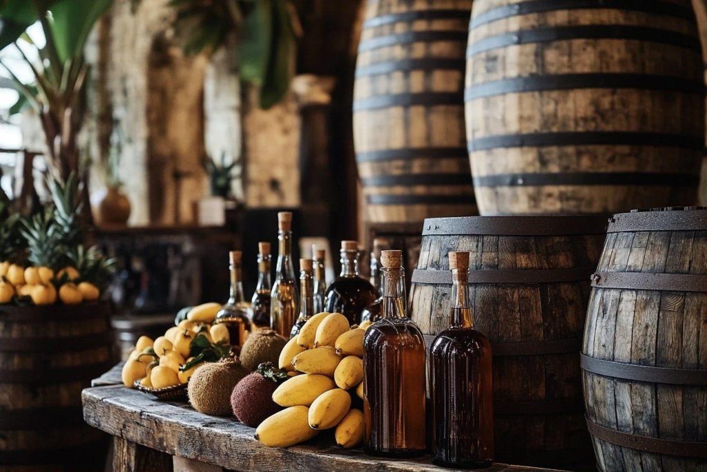 Barriques en bois, bouteilles et bananes dans un entrepôt