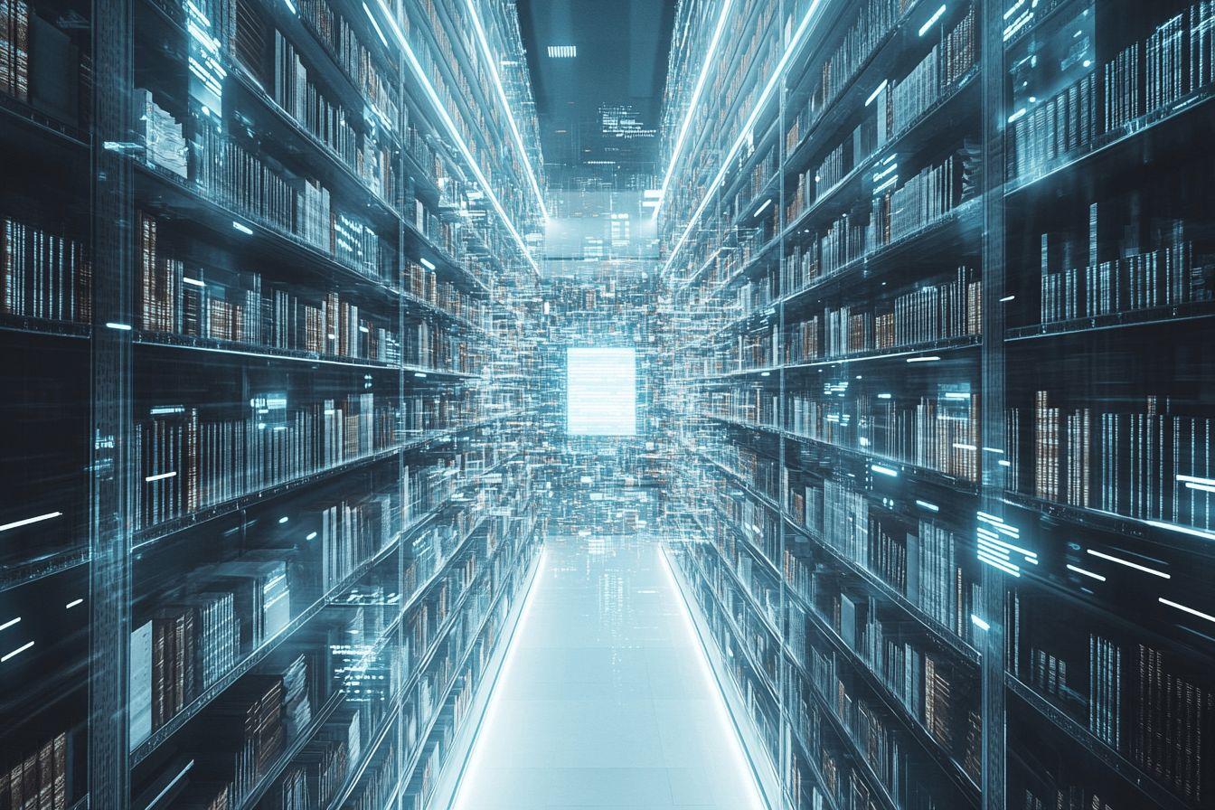 Rayonnages lumineux avec livres dans un corridor technologique bleu