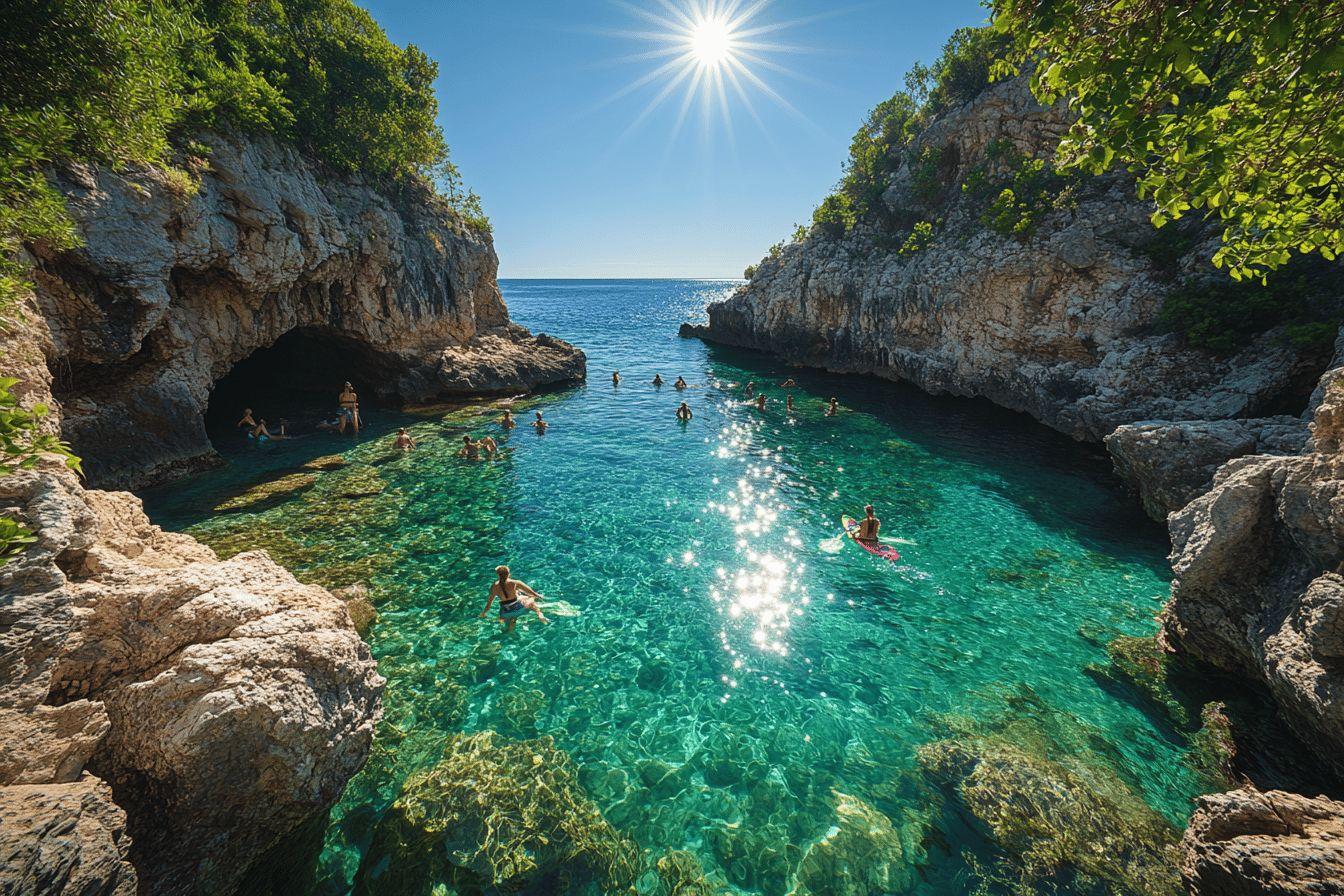 Baie rocheuse aux eaux turquoises cristallines avec nageurs