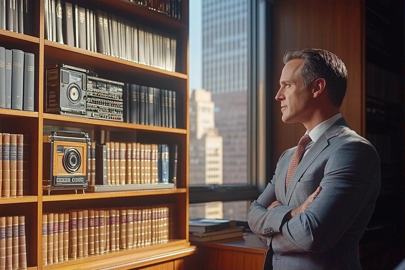 Homme en costume gris près d'une bibliothèque avec radios vintage