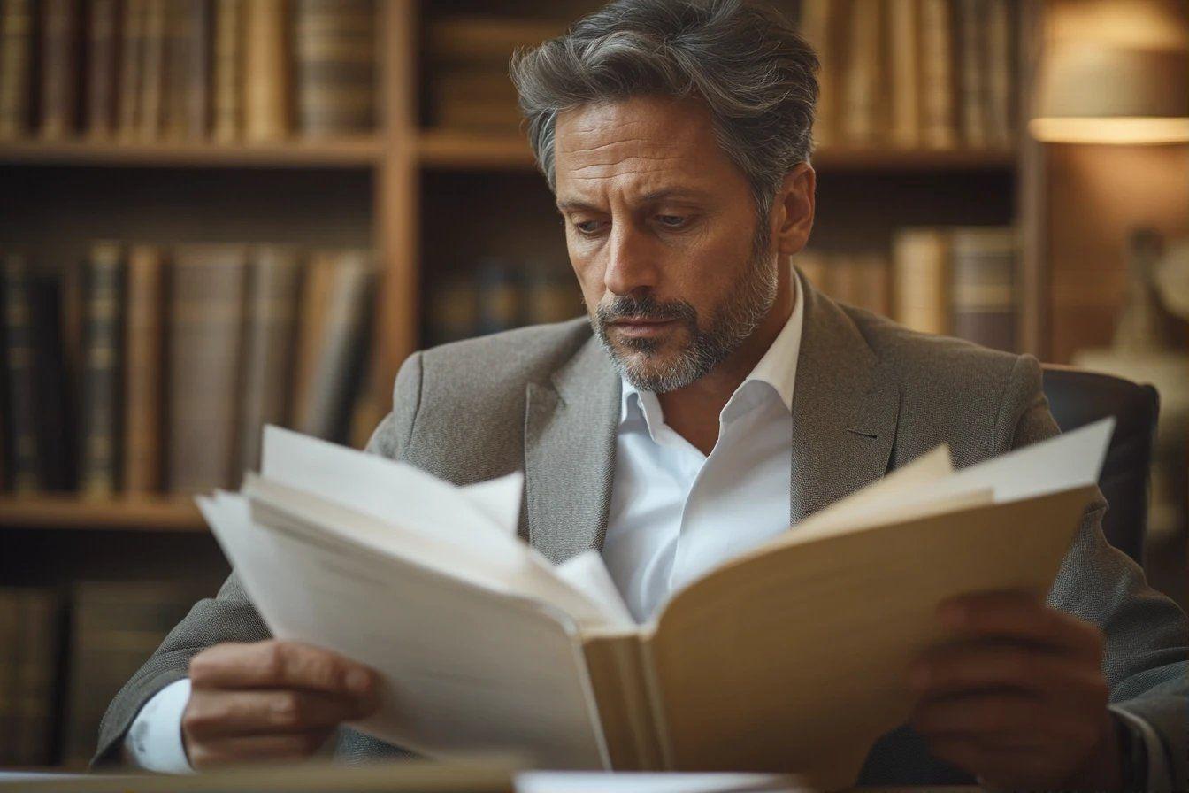 Homme d'âge mûr lisant attentivement un livre près d'étagères