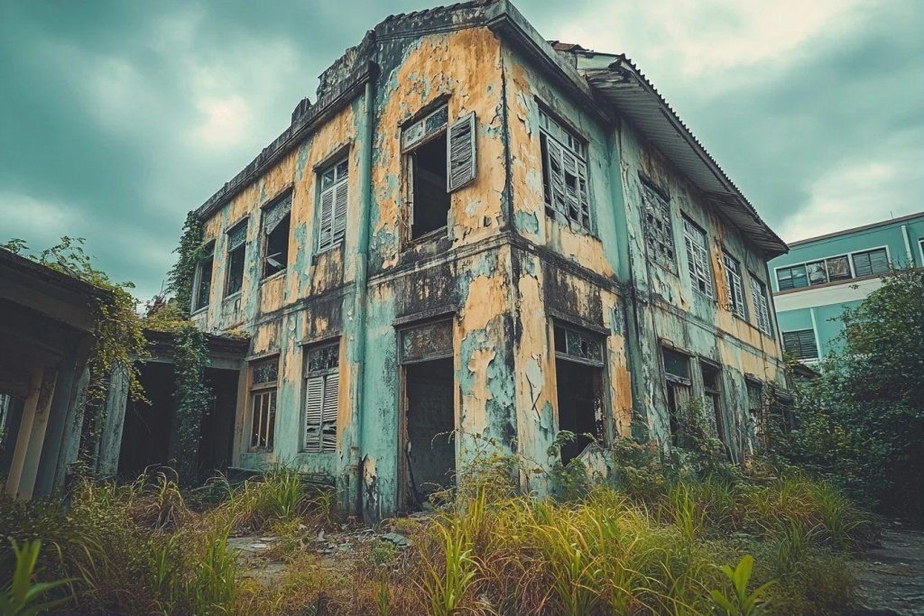 Vieux bâtiment délabré avec murs écaillés et végétation envahissante