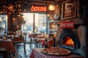 Pizza près d'un four, ambiance cozy avec lumières et carreaux