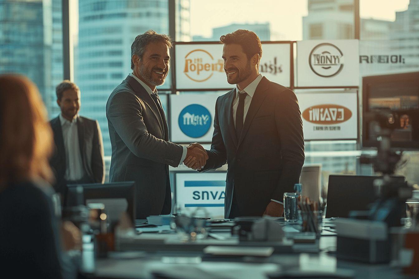 Deux hommes d'affaires se serrent la main dans un bureau moderne