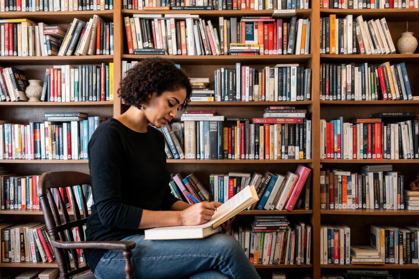 Jeune femme étudiant un livre entourée de rayonnages