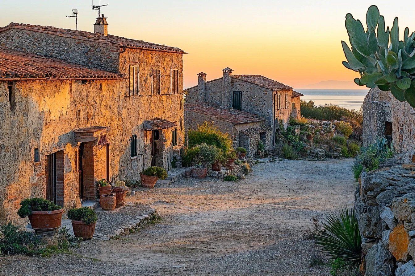 Maisons en pierre anciennes avec vue sur la mer au crépuscule