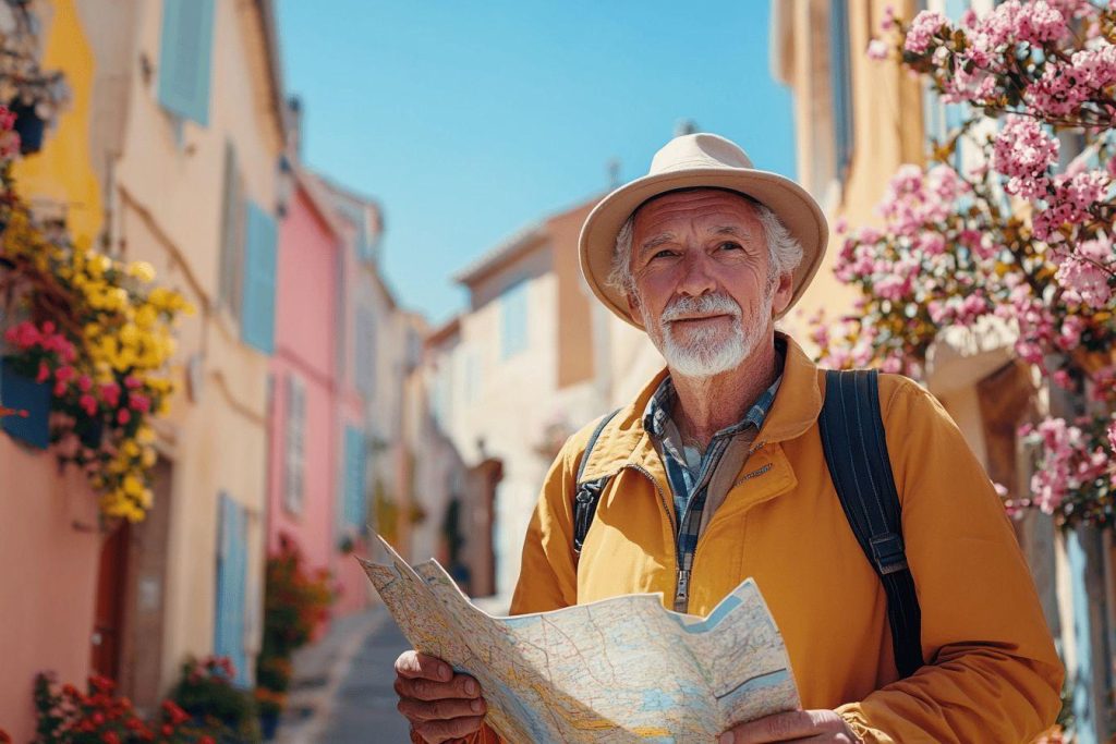 Homme âgé avec carte explorant une ville colorée