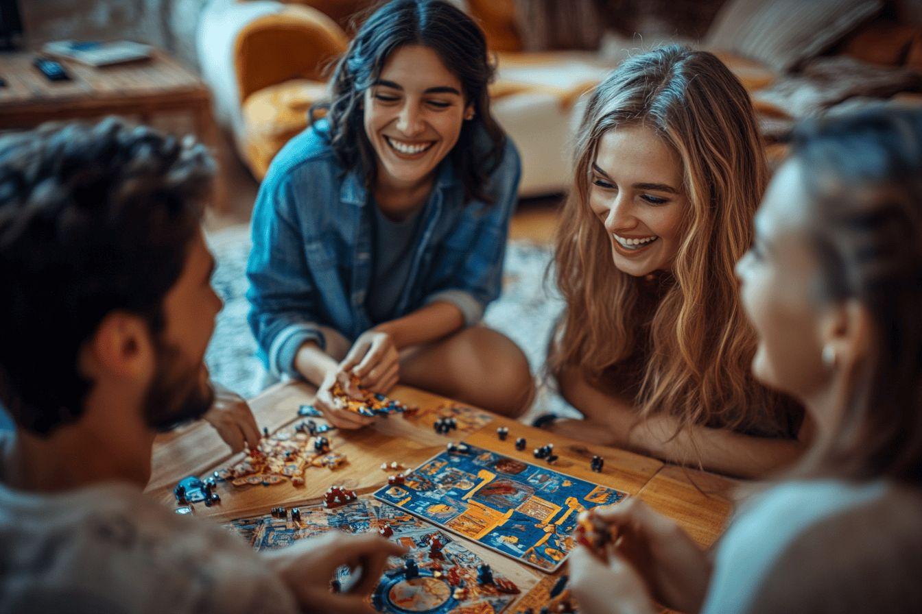 Groupe souriant autour d'un plateau de jeu coloré