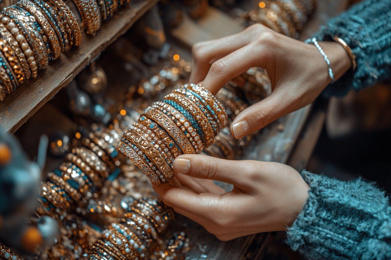 Mains tenant des bracelets brillants ornés de pierres précieuses