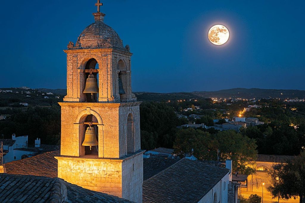 Tour de pierre éclairée avec cloches et pleine lune