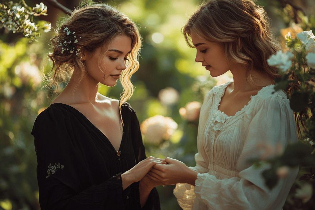 Deux femmes se tenant la main dans un jardin fleuri