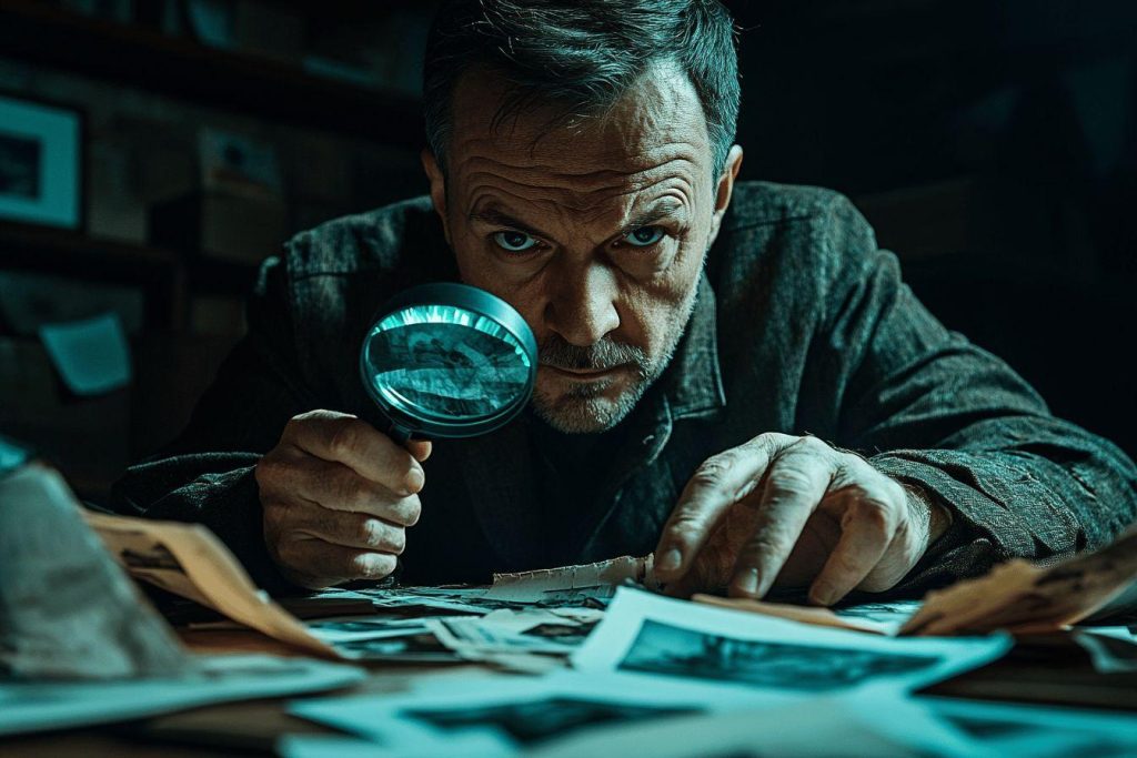 Homme âgé utilisant une loupe sur des papiers éparpillés