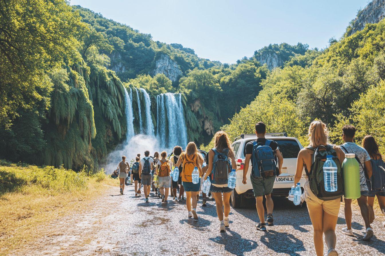Randonneurs marchant vers des chutes d'eau luxuriantes