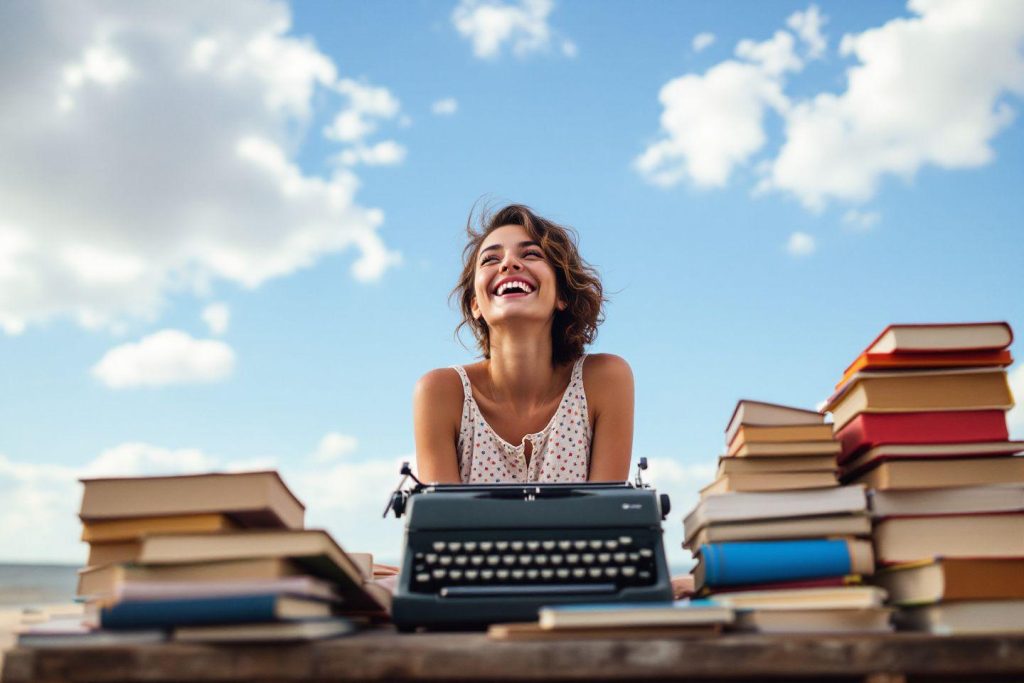 Femme rieuse devant machine à écrire et livres